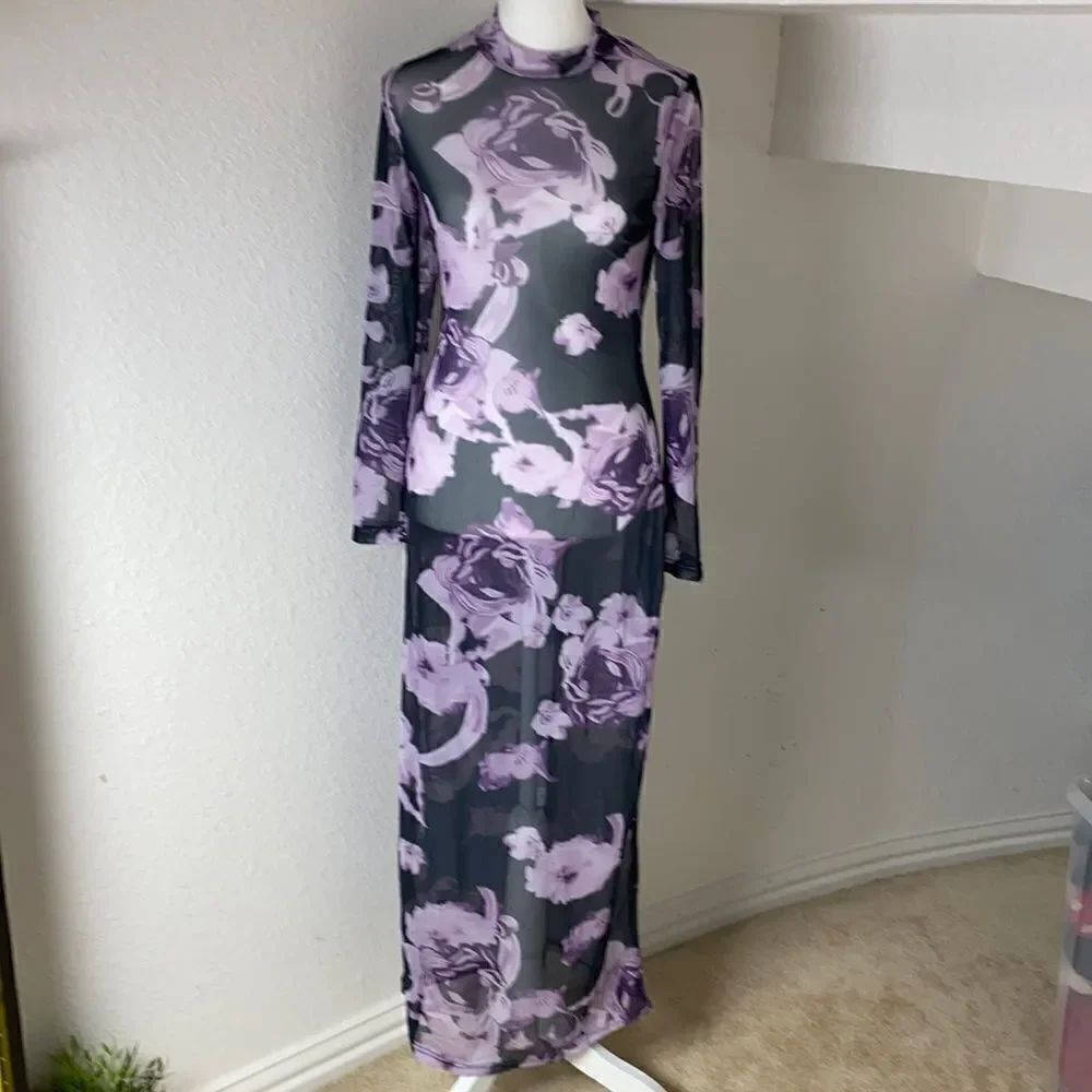 Sheer Dress Black with Purple Flowers - NWOT